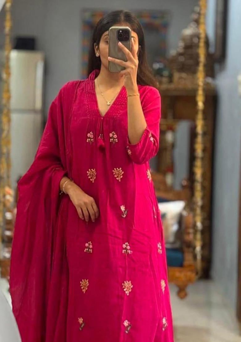 Pink Embroidery Cotton Kurta Sets - Indya