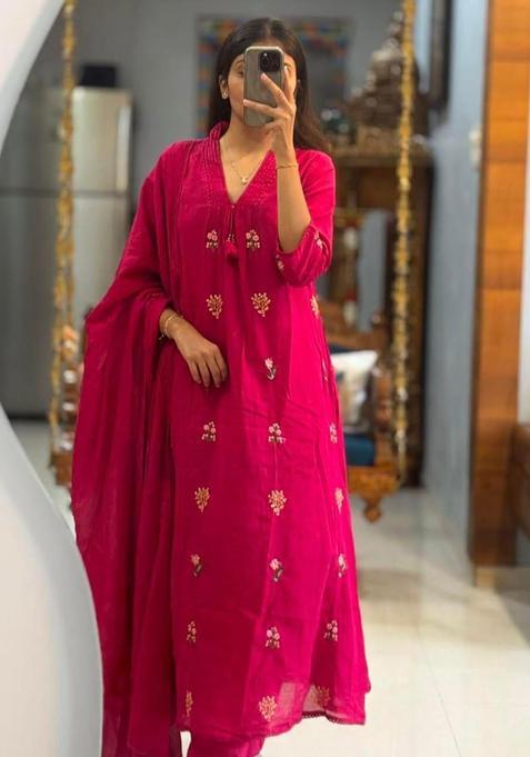 Pink Embroidery Cotton Kurta Sets