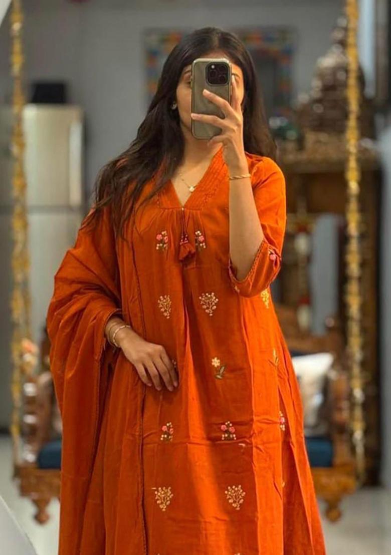 Orange Embroidery Cotton Kurta Sets - Indya