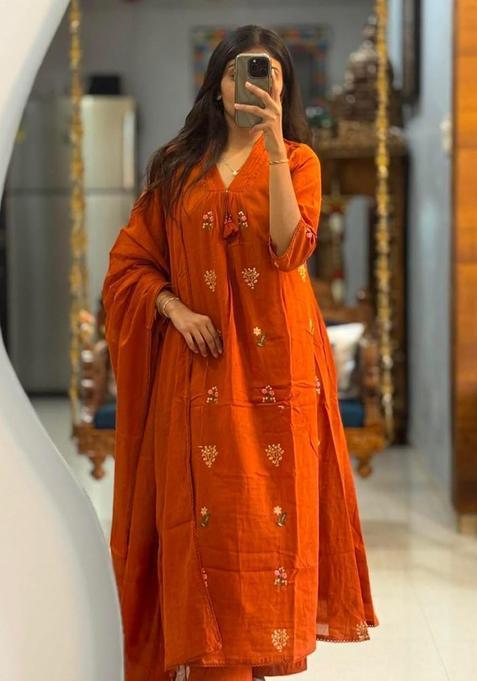 Orange Embroidery Cotton Kurta Sets