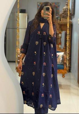 Blue Embroidery Cotton Kurta Sets