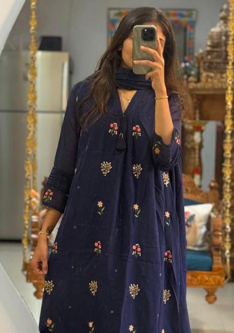 Blue Embroidery Cotton Kurta Sets - Indya