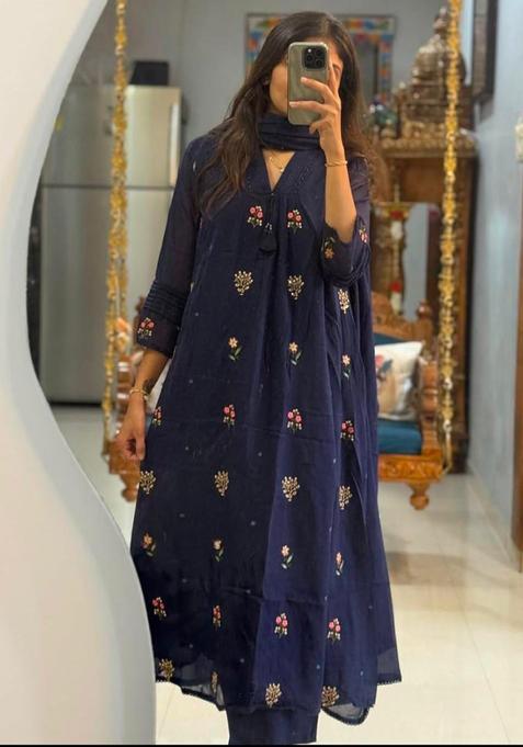 Blue Embroidery Cotton Kurta Sets