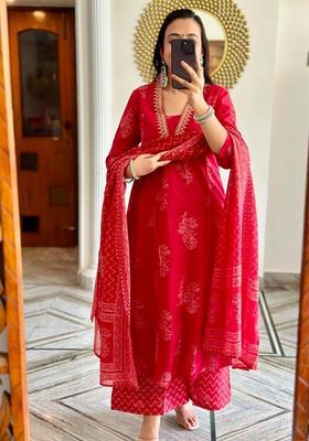 Pink Embroidery Cotton Kurta Sets