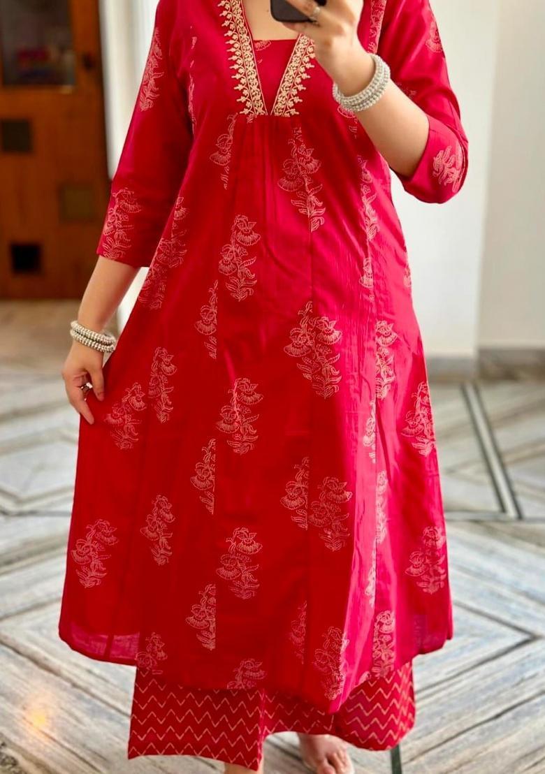Pink Embroidery Cotton Kurta Sets - Indya