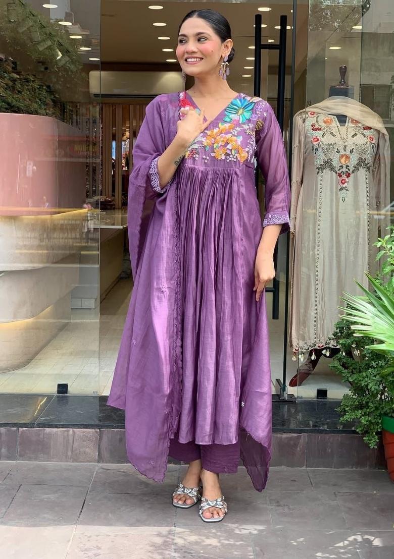 Purple Embroidery Cotton Kurta Sets - Indya