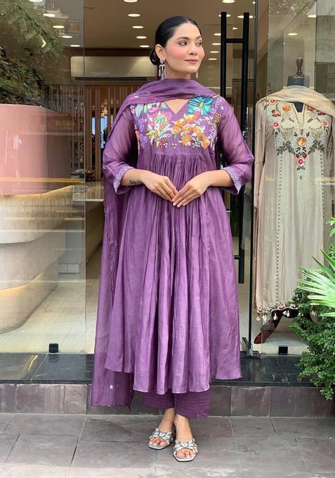Purple Embroidery Cotton Kurta Sets