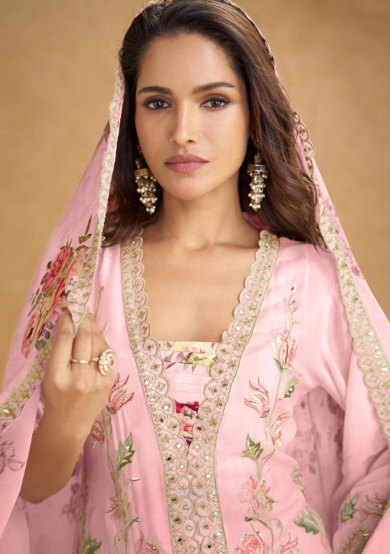 Pink Embroidery Silk Salwar Suit - Indya