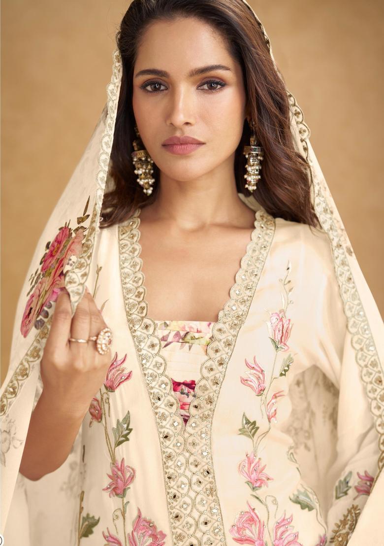 Cream Embroidery Silk Salwar Suit - Indya