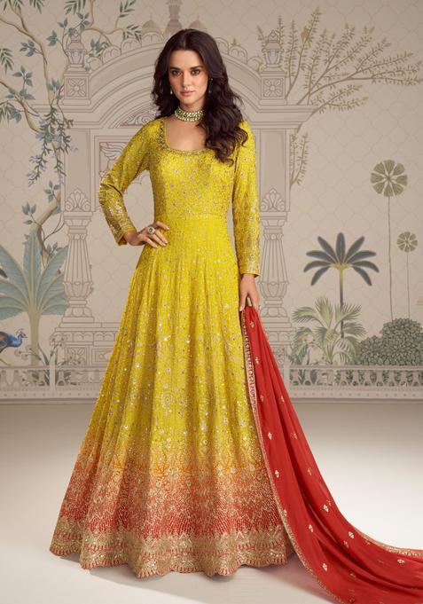 Yellow Embroidery Georgette Kurta With Dupatta