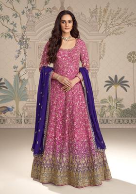 Magenta Embroidery Georgette Kurta With Dupatta