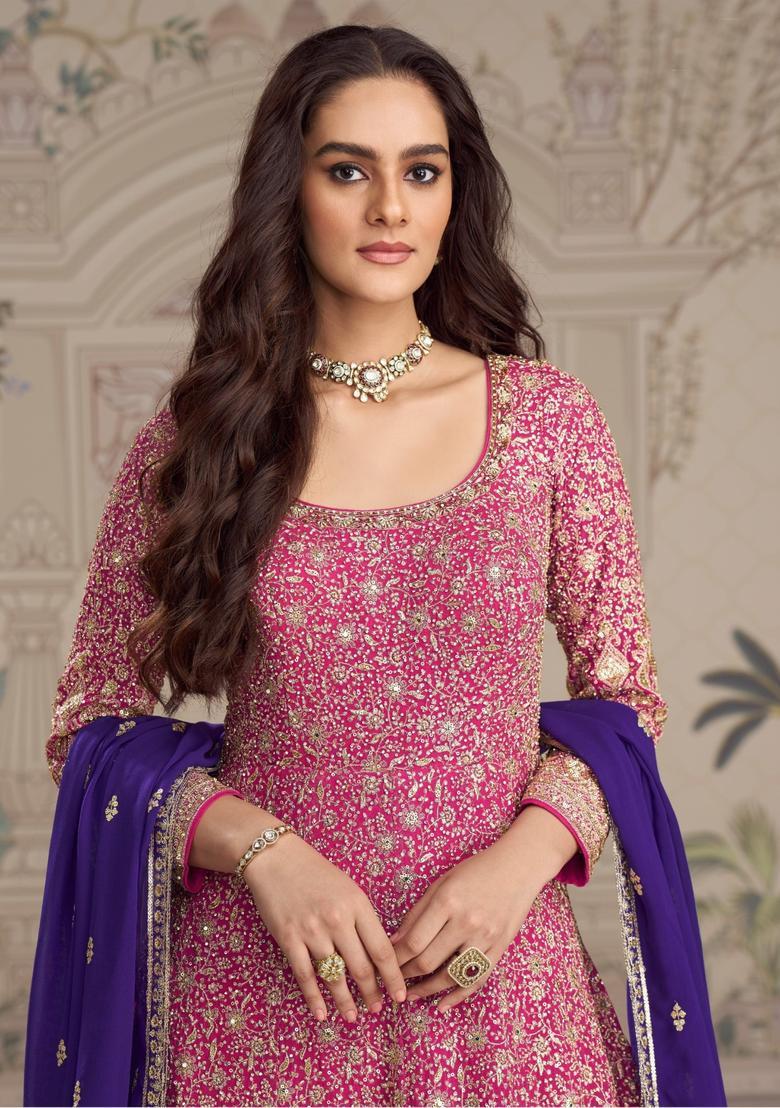 Magenta Embroidery Georgette Kurta With Dupatta - Indya