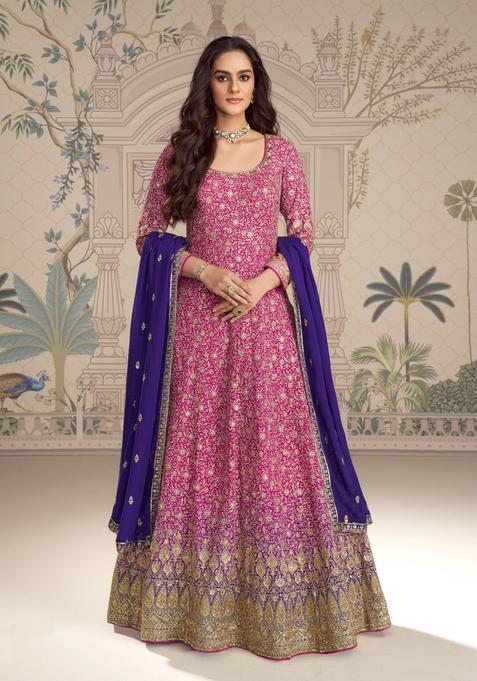 Magenta Embroidery Georgette Kurta With Dupatta