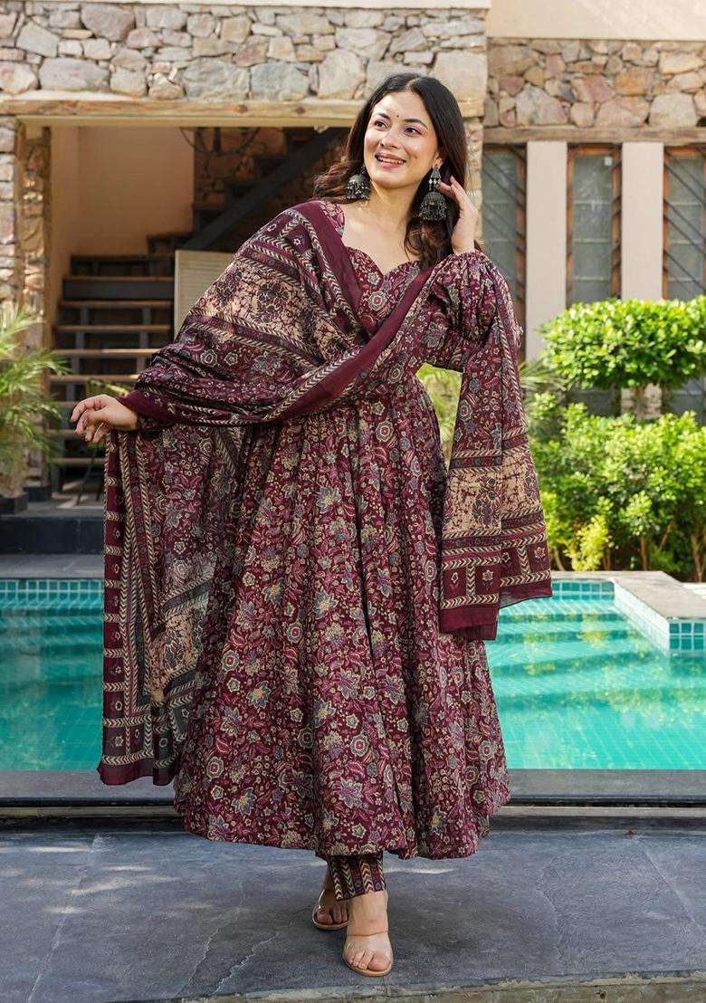 Maroon Printed Rayon Anarkali Set - Indya