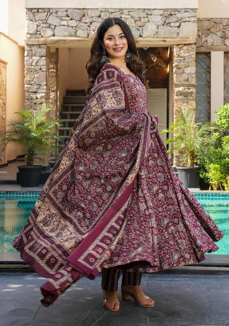 Maroon Printed Rayon Kurta Set - Indya