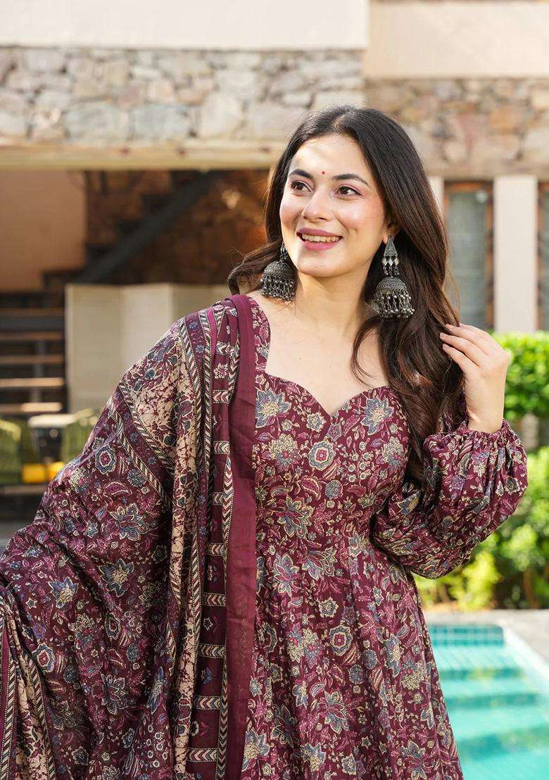 Maroon Printed Rayon Anarkali Set - Indya