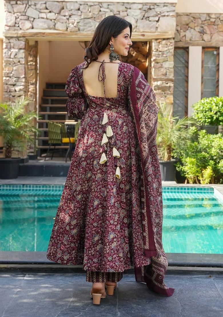 Maroon Printed Rayon Kurta Set - Indya