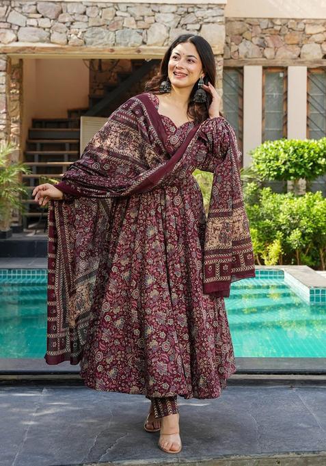 Maroon Printed Rayon Kurta Set