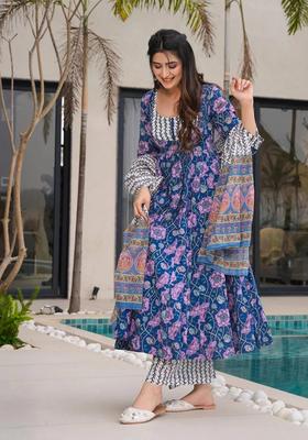 Blue Floral Print Rayon Kurta Set