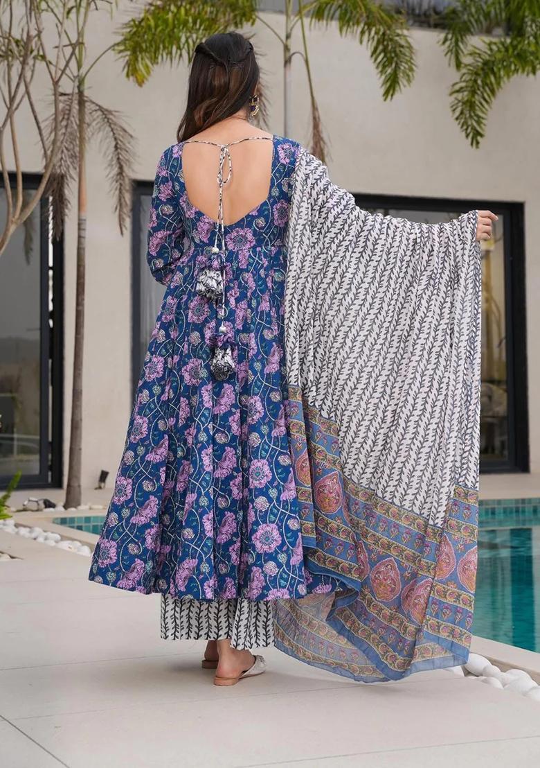 Blue Floral Print Rayon Kurta Set - Indya