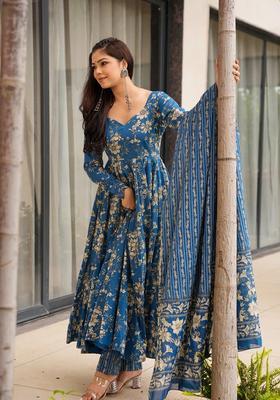 Teal Floral Print Rayon Kurta Set