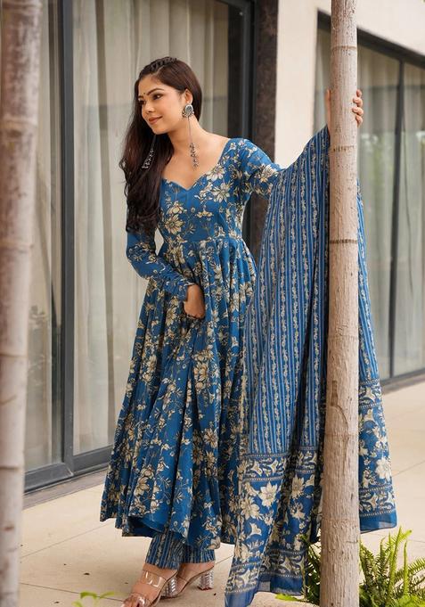 Teal Floral Print Rayon Kurta Set