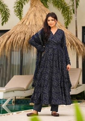 Blue Floral Print Rayon Kurta Set