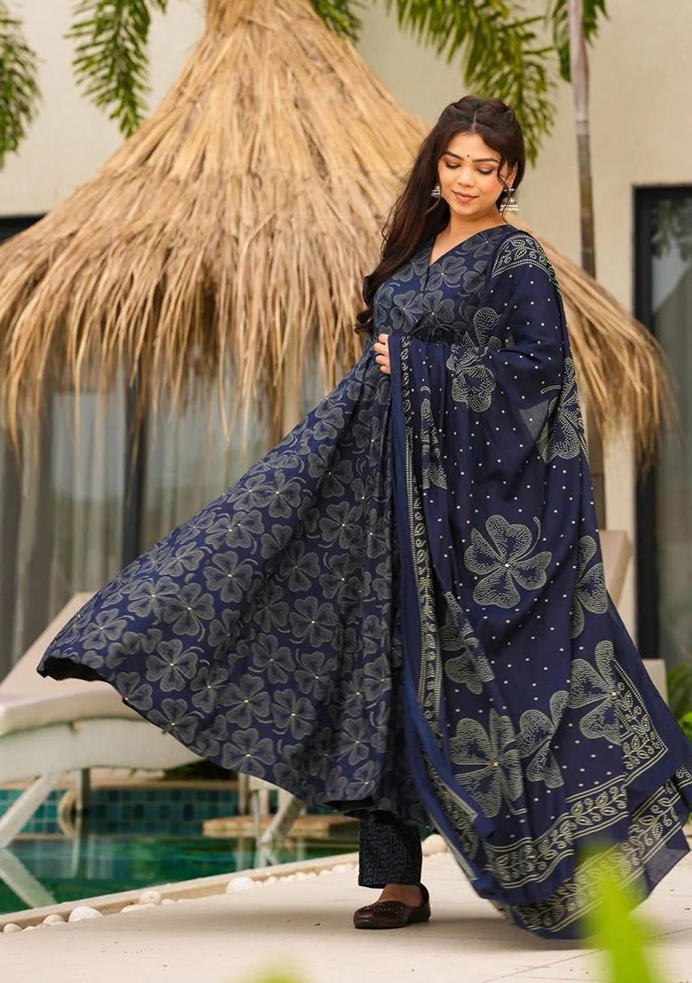 Blue Floral Print Rayon Kurta Set - Indya