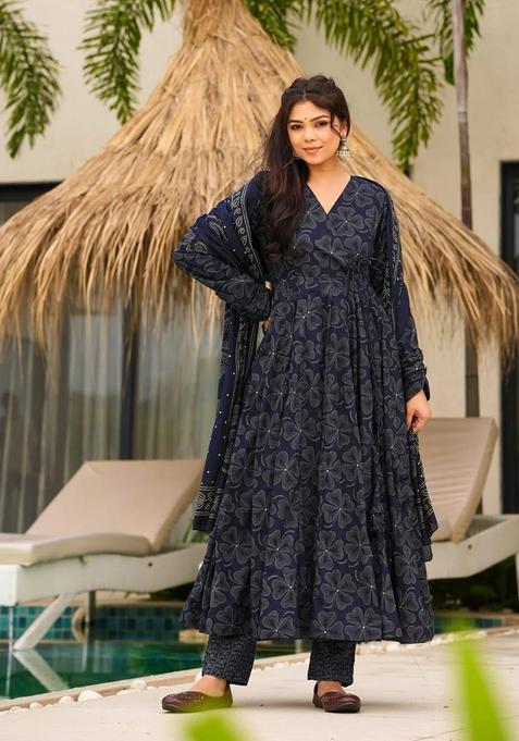 Blue Floral Print Rayon Kurta Set