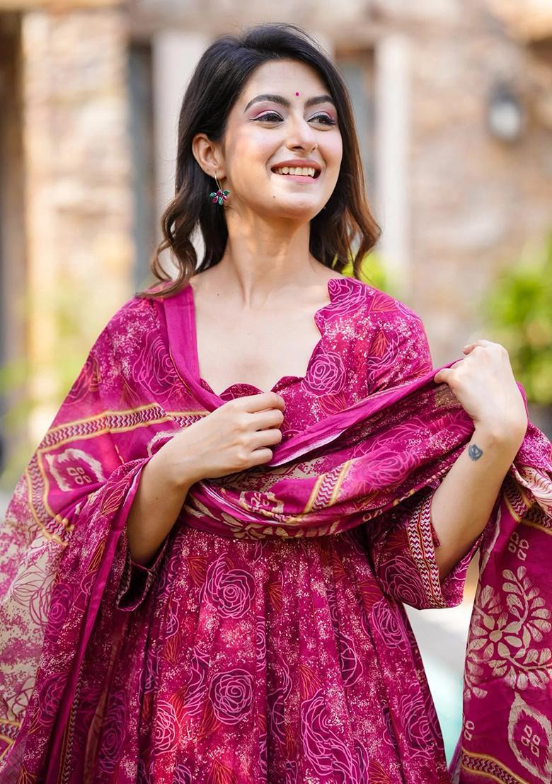 Pink Floral Print Rayon Kurta Set - Indya