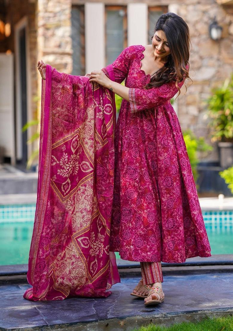 Pink Floral Print Rayon Kurta Set - Indya
