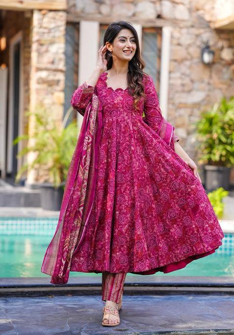 Pink Floral Print Rayon Kurta Set