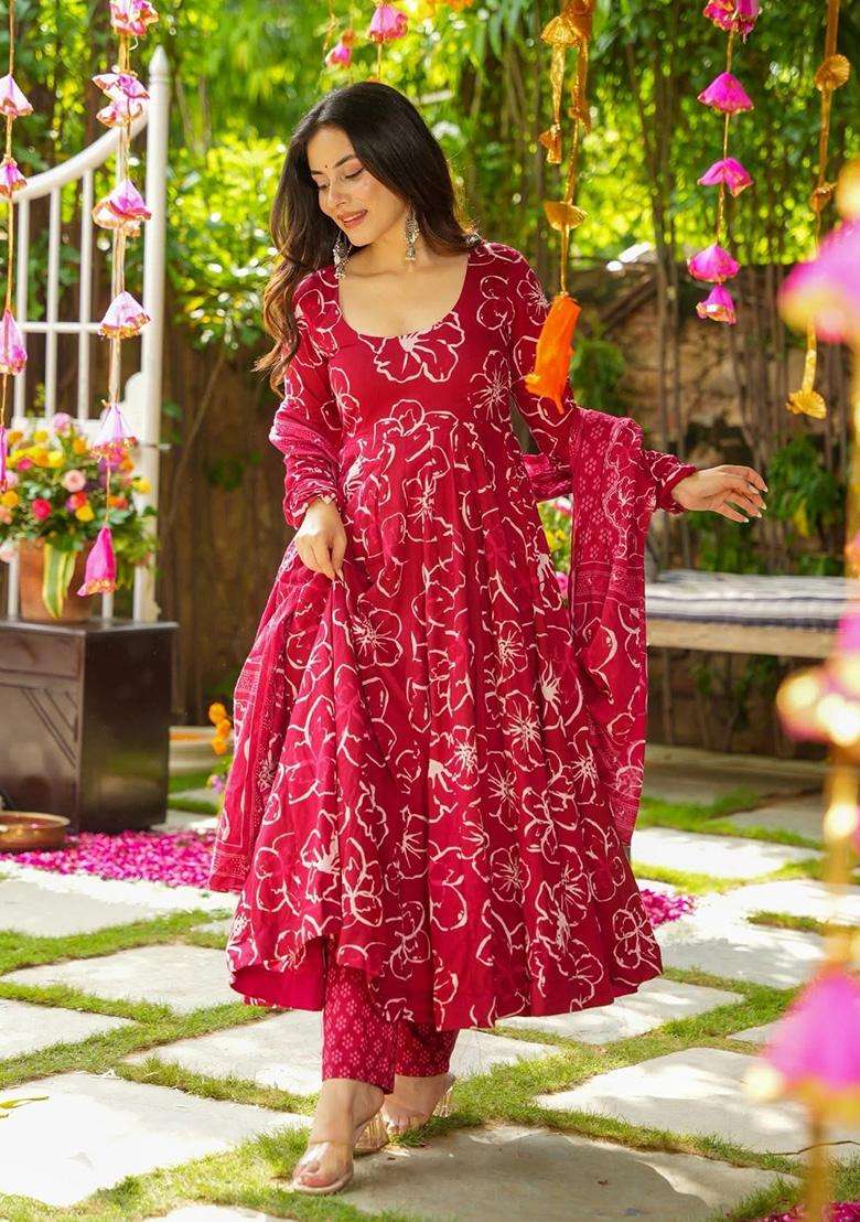 Red Bandhani Rayon Anarkali Set - Indya
