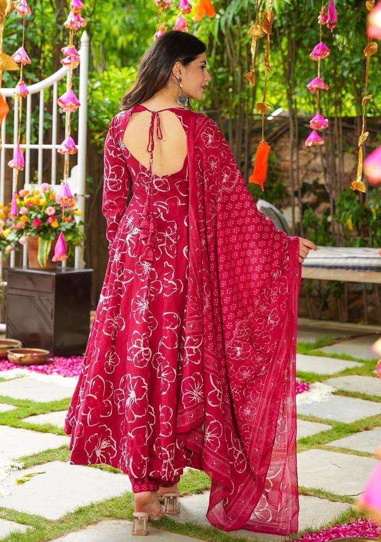 Red Bandhani Rayon Anarkali Set - Indya
