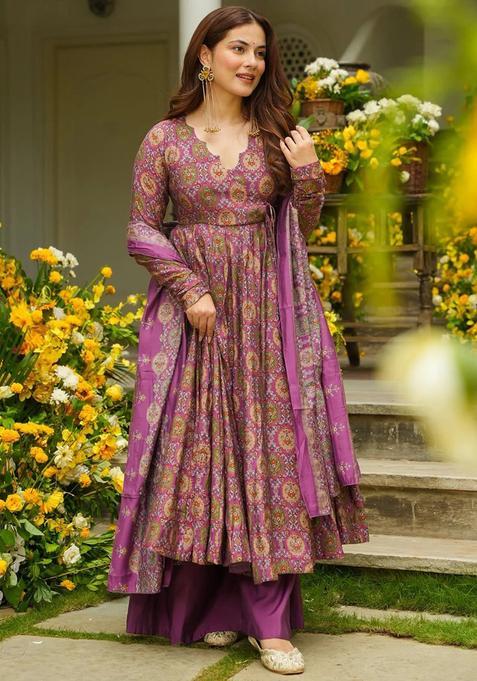 Purple Ethnic Motif Print Rayon Kurta Set