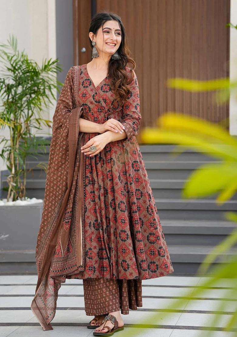 Brown Printed Rayon Anarkali Set - Indya