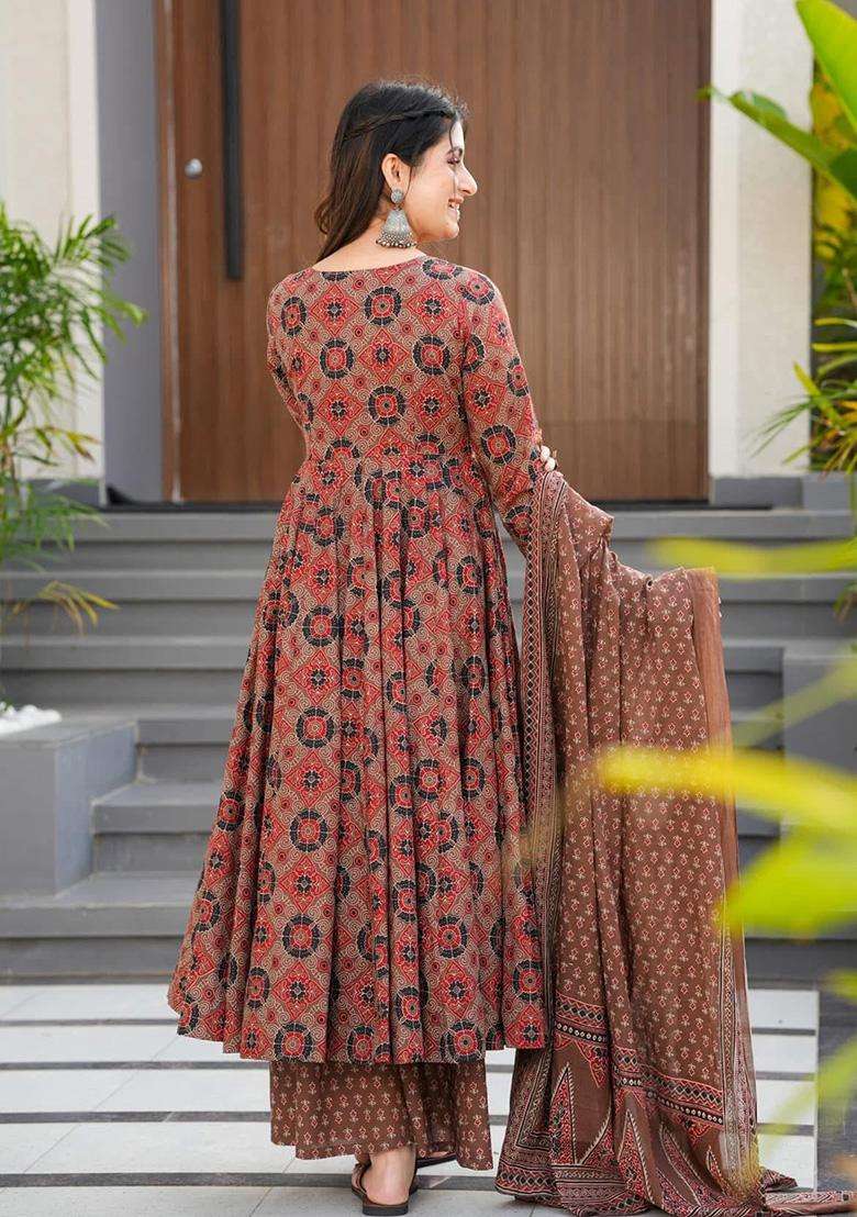 Brown Printed Rayon Anarkali Set - Indya