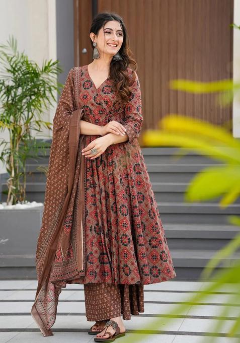 Brown Ethnic Motif Print Rayon Kurta Set