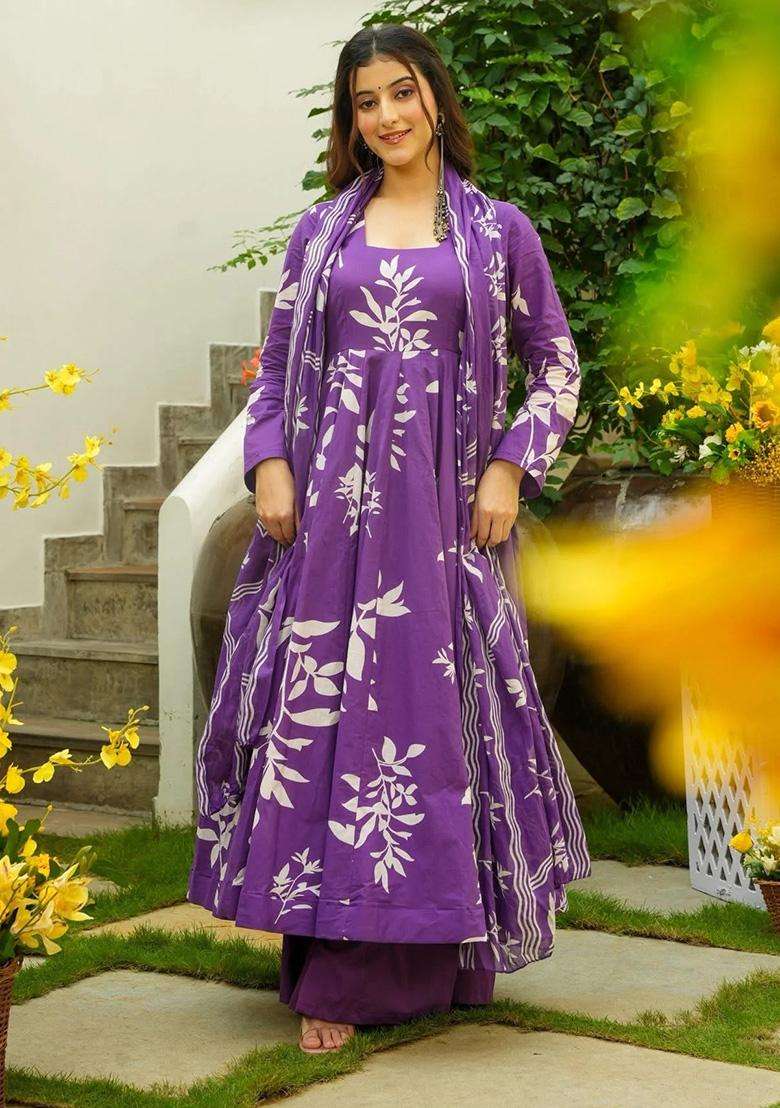 Purple Printed Rayon Anarkali Set - Indya