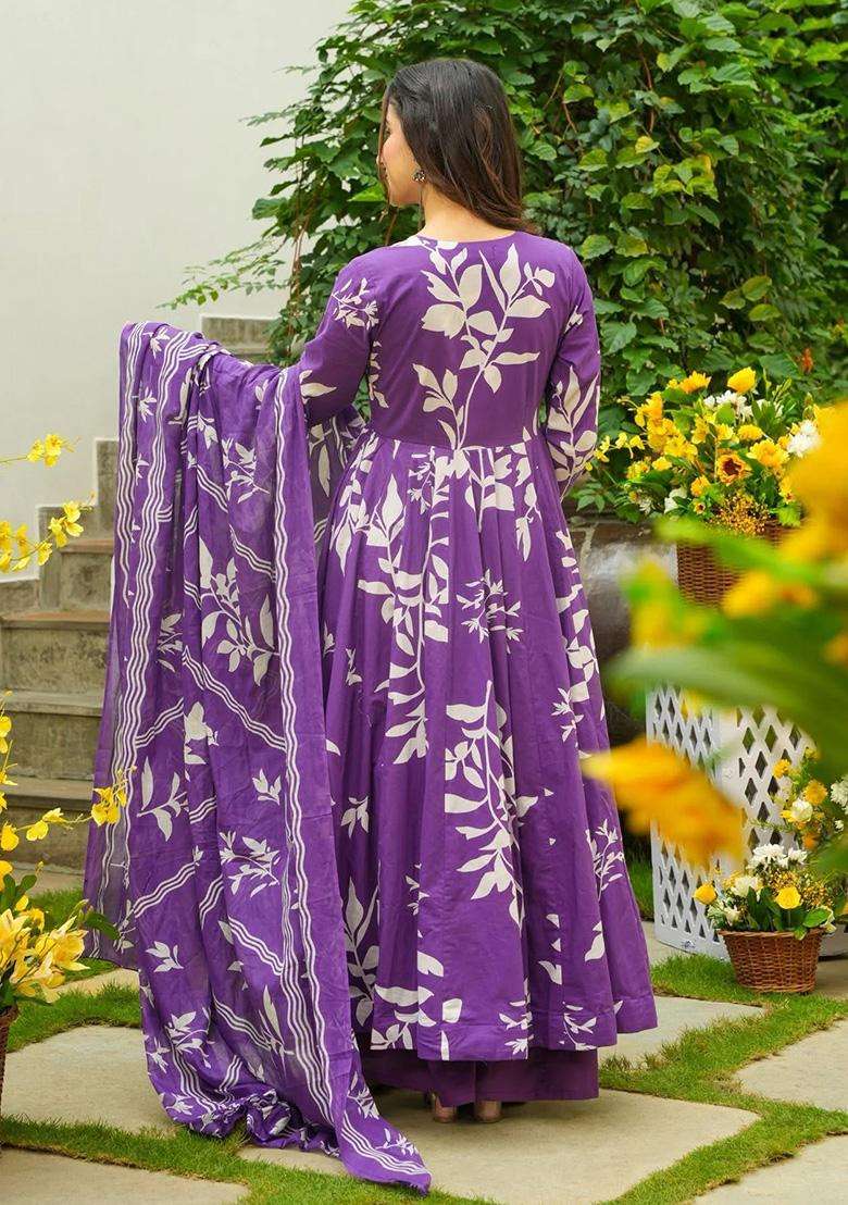 Purple Printed Rayon Anarkali Set - Indya