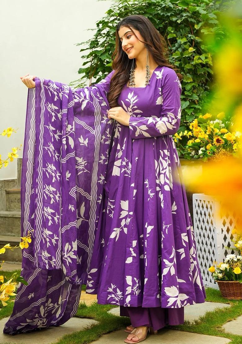 Purple Floral Print Rayon Kurta Set - Indya