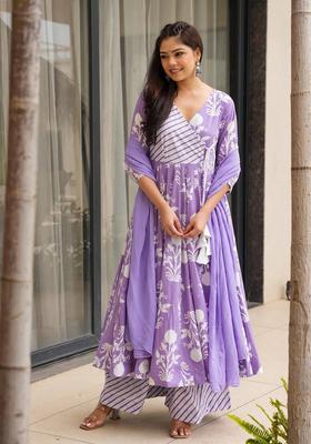 Lavender Floral Print Rayon Kurta Set