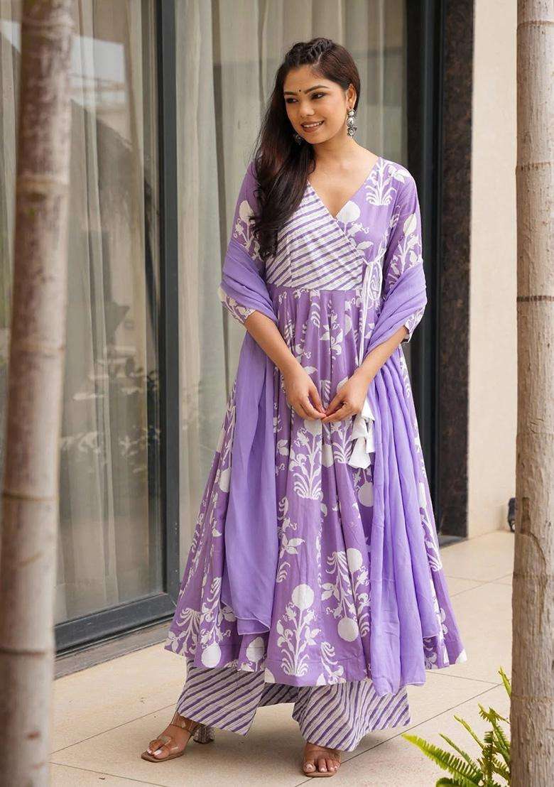 Lavender Floral Print Rayon Anarkali Set - Indya