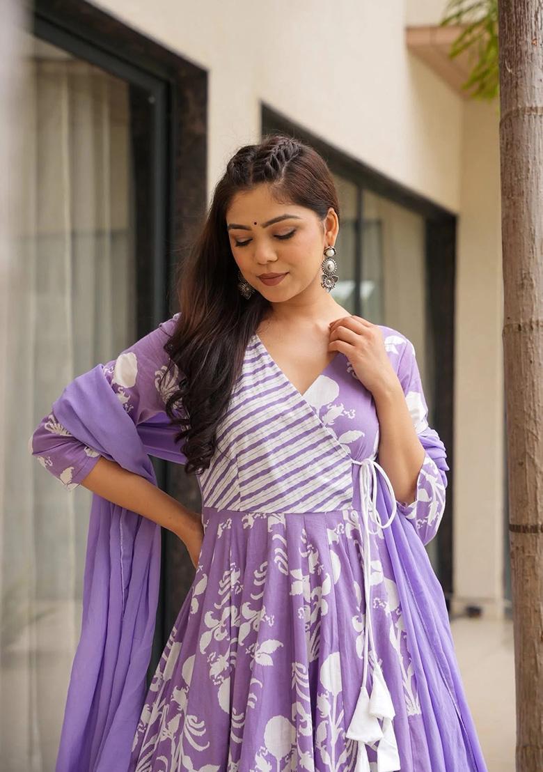Lavender Floral Print Rayon Kurta Set - Indya