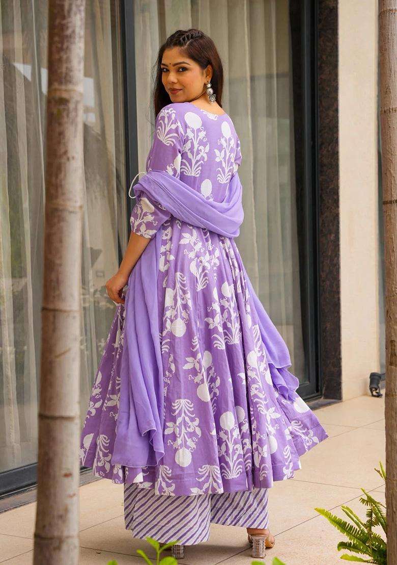 Lavender Floral Print Rayon Anarkali Set - Indya