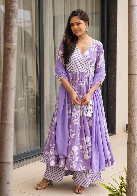 Lavender Floral Print Rayon Kurta Set