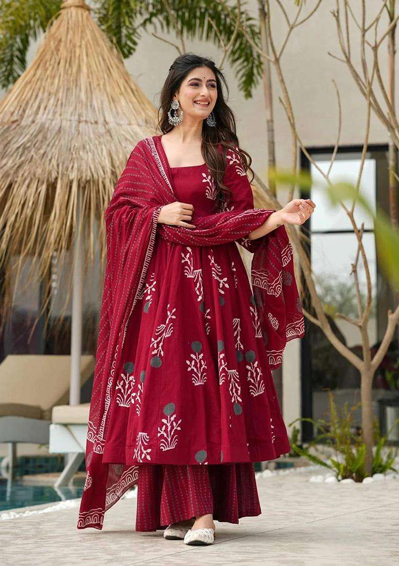 Maroon Printed Rayon Anarkali Set - Indya