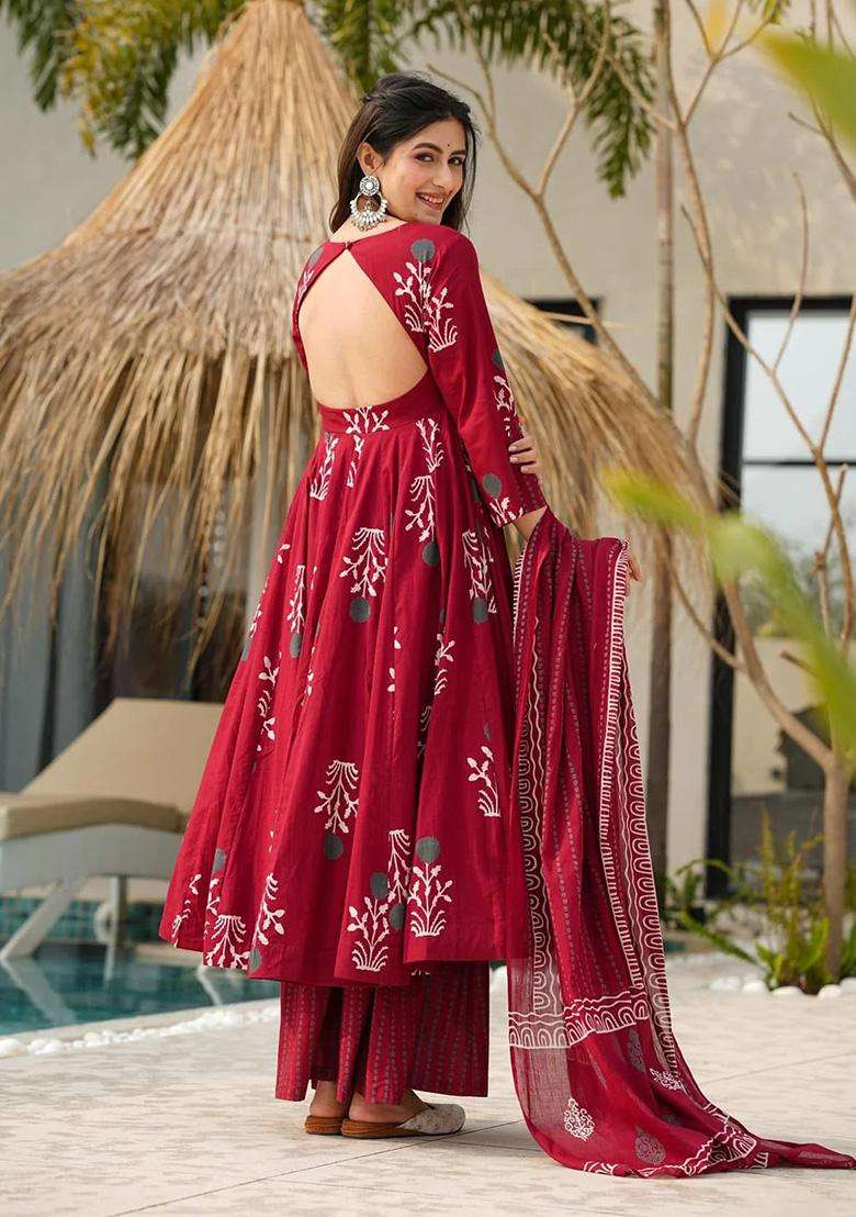 Maroon Printed Rayon Anarkali Set - Indya