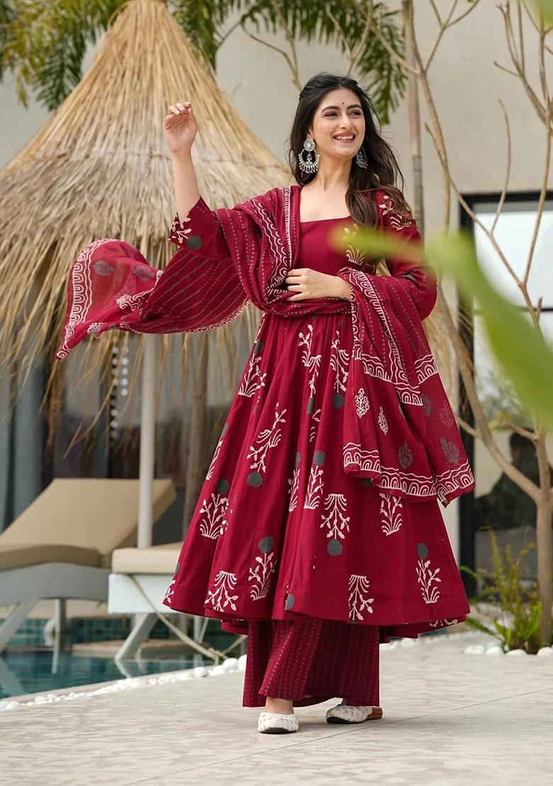 Maroon Floral Print Rayon Kurta Set - Indya