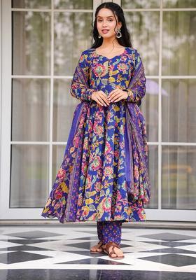Blue Floral Print Rayon Kurta Set